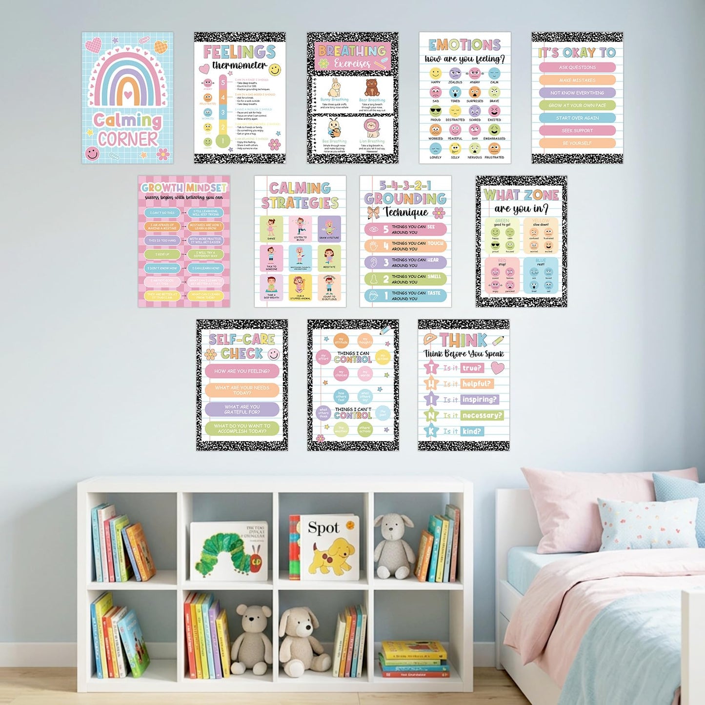 12Pcs Calming Corner Posters for Classroom Inspirational Emotions Feeling Poster for Kids Back to School Wall Decor Composition Notebook Mental Health Posters for School Office Home Teacher Supplies