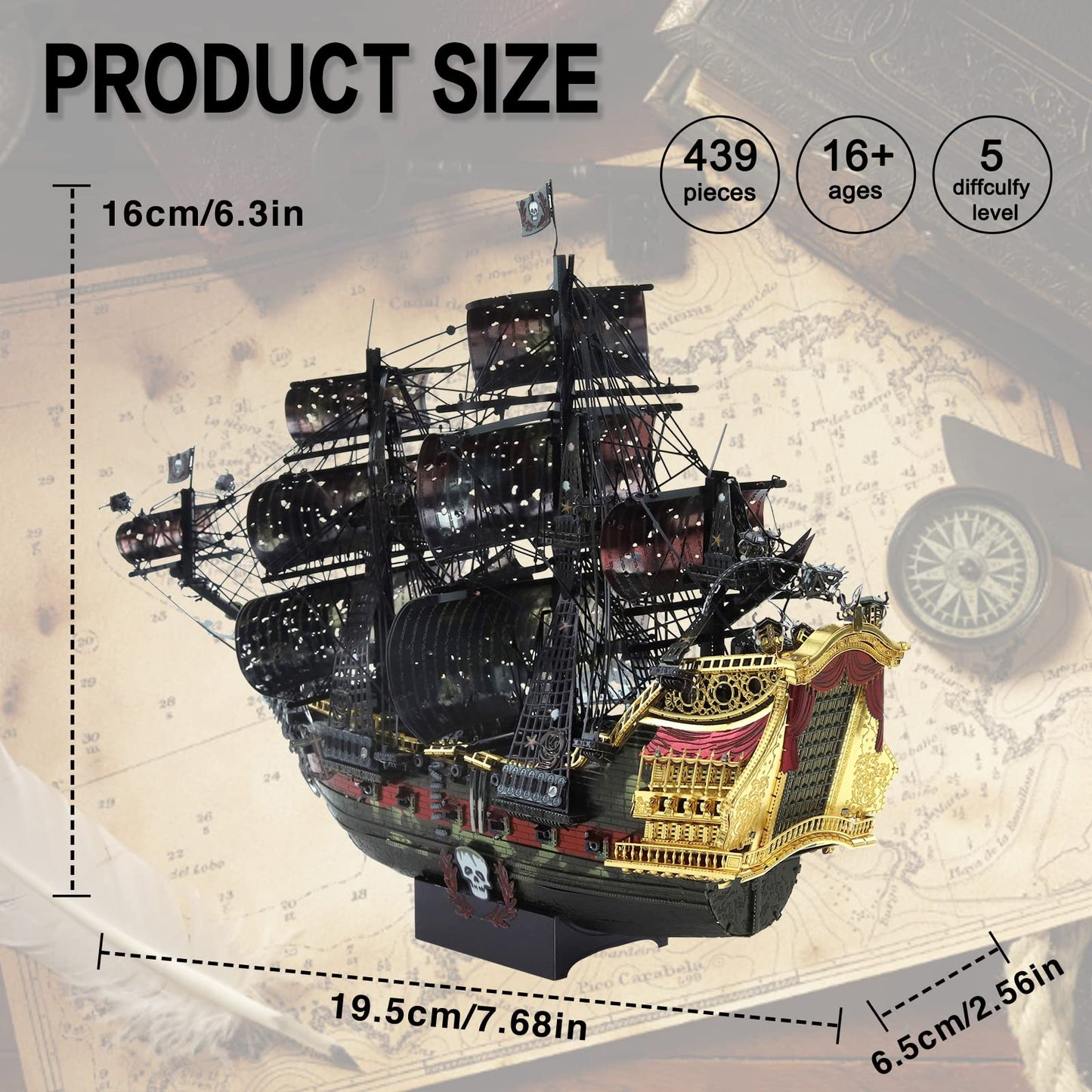 Piececool 3D Metal Puzzles for Adults, The Queen Anne's Revenge Pirate Ship Model Kits with DIY Tools Set, Metal Models Building Craft Kits, Creative Gifts Home Decor.