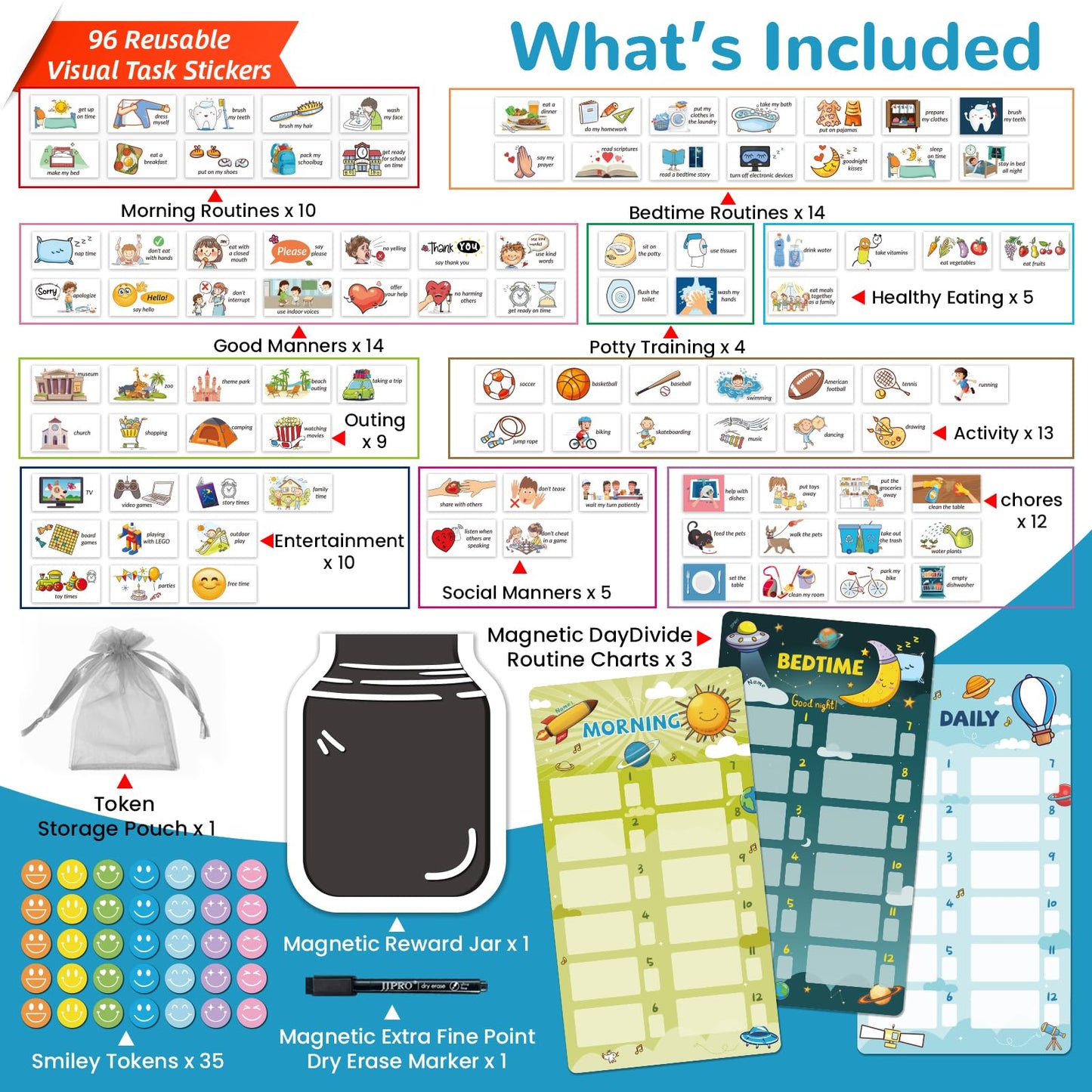 JJPRO Magnetic Bedtime/Morning/Daily Routine Chart for Kids with Reward Jar-Bedtime Checklist Toddler Reward Jar,Magnetic Chore Chart for Kids,Daily Routine Reward Chart -Outer Space