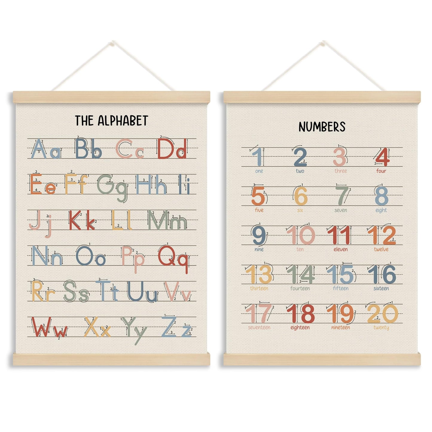 MOTERMATE Boho Alphabet Numbers Poster Hanger Frame, Alphabet Numbers Educational Wall Hanging Decor Art Framed for Kids Nursery Room Classroom, Nursery Wall Poster Prints, 12x16 Inch Set of 2