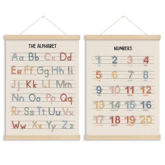 MOTERMATE Boho Alphabet Numbers Poster Hanger Frame, Alphabet Numbers Educational Wall Hanging Decor Art Framed for Kids Nursery Room Classroom, Nursery Wall Poster Prints, 12x16 Inch Set of 2