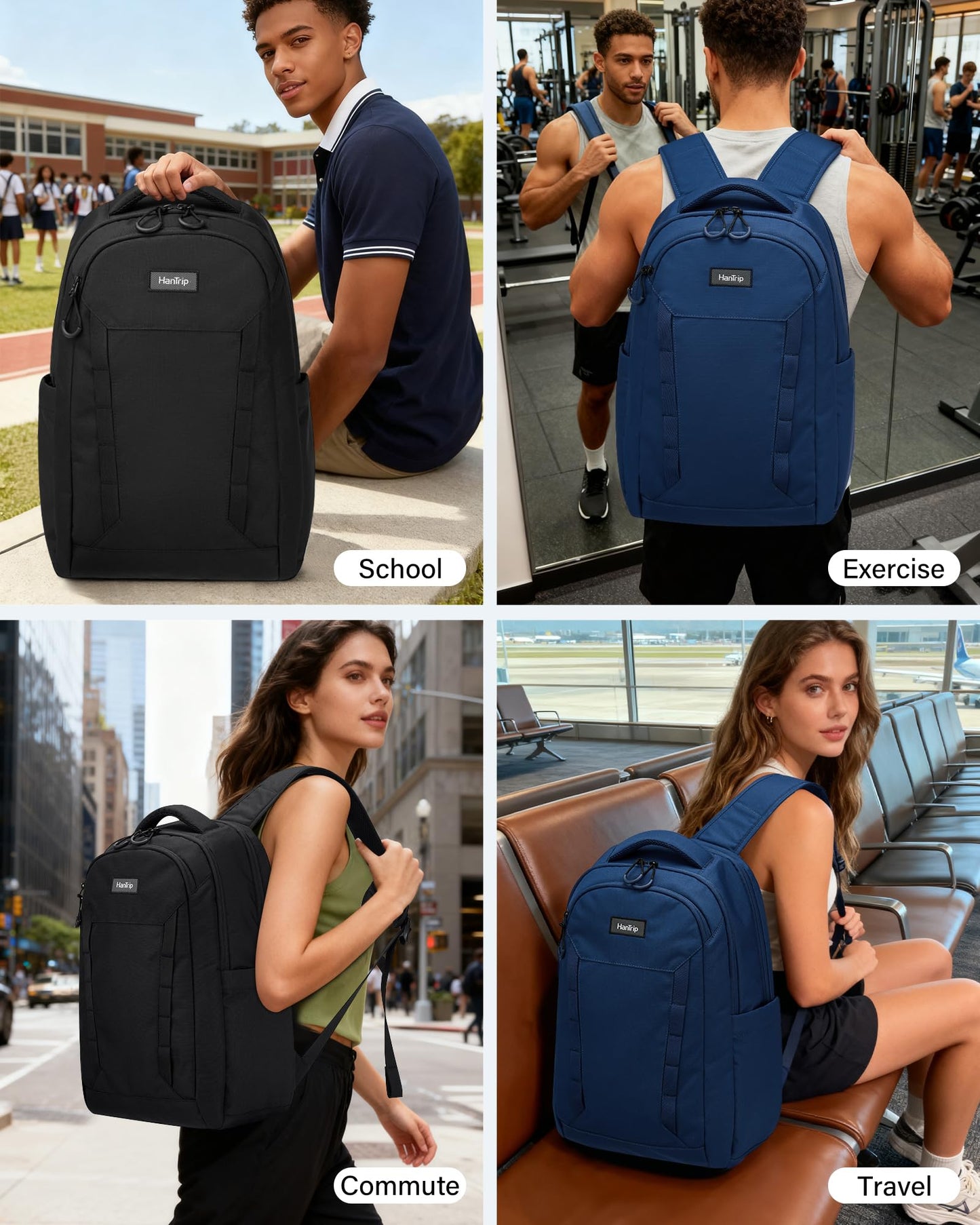 HanTrip Travel Laptop Backpack Carry On, 18 Inch Large Work Backpack School Book Bags, Light Water Resistant Backpacks for Women Men with Luggage Strap Water Bottle Pocket Chest Strap, Black
