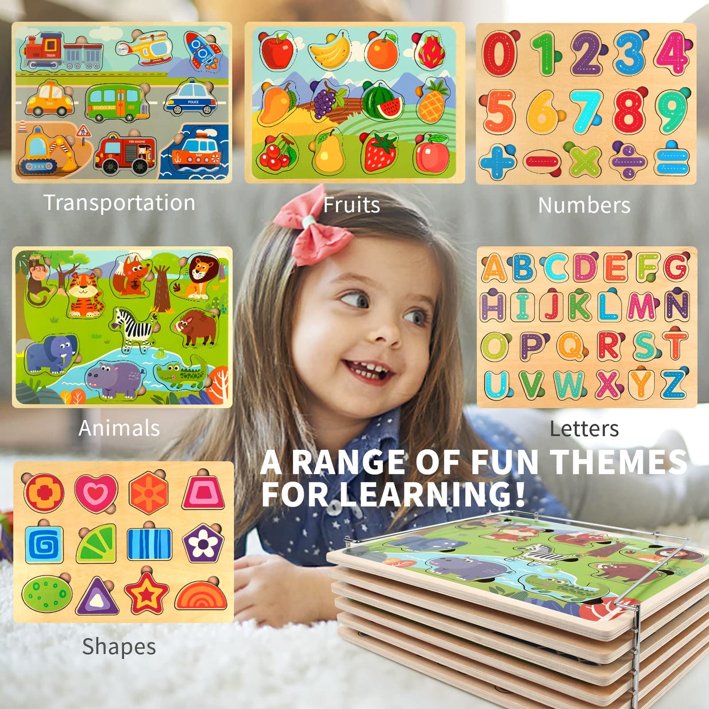 Wooden Puzzles for Toddlers with Storage Rack, WOOD CITY Toddler Puzzles Ages 3-6 for Kids, Learning Preschool Wood Puzzle for Boys and Girls-6 Pack Alphabet Number Shape Fruit Animal Vehicle