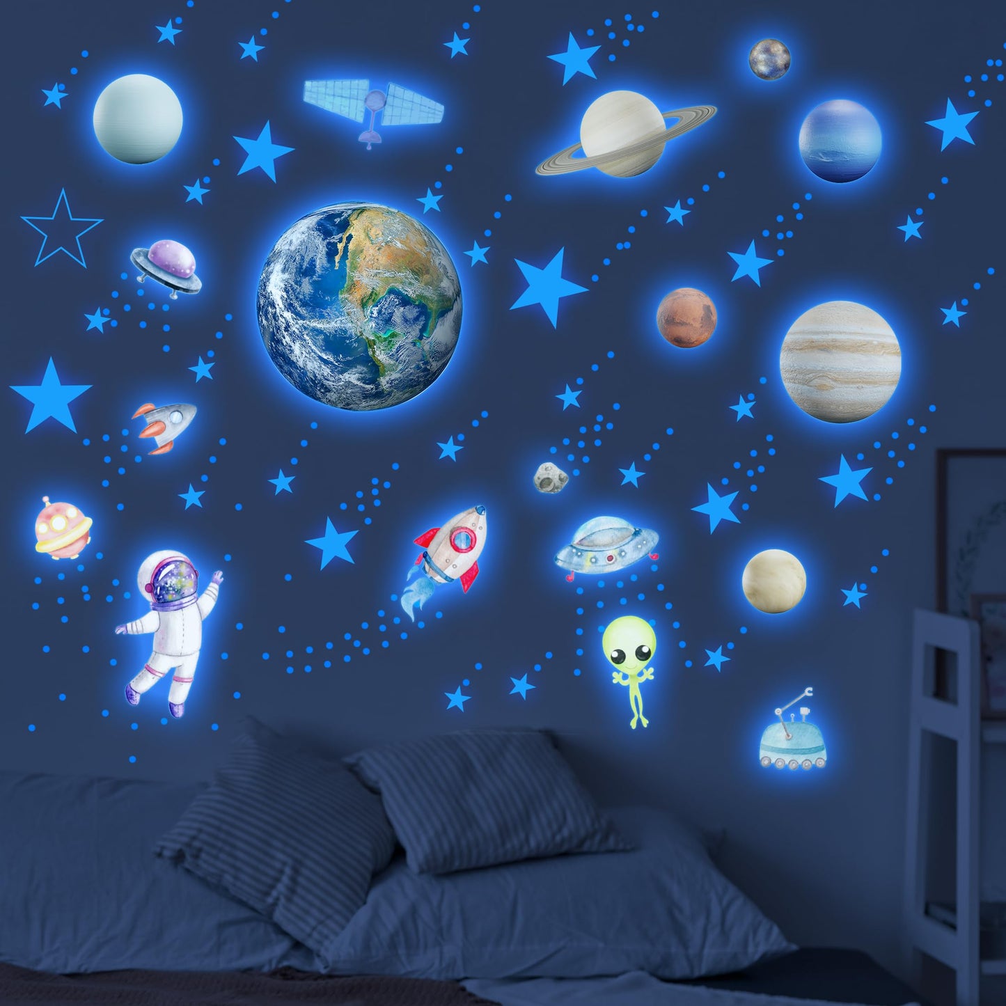 Glow in The Dark Stars Solar System Wall Decals, Star and Planets Stickers for Ceiling, Kids Wall Sticker Space Room Decor (Blue)