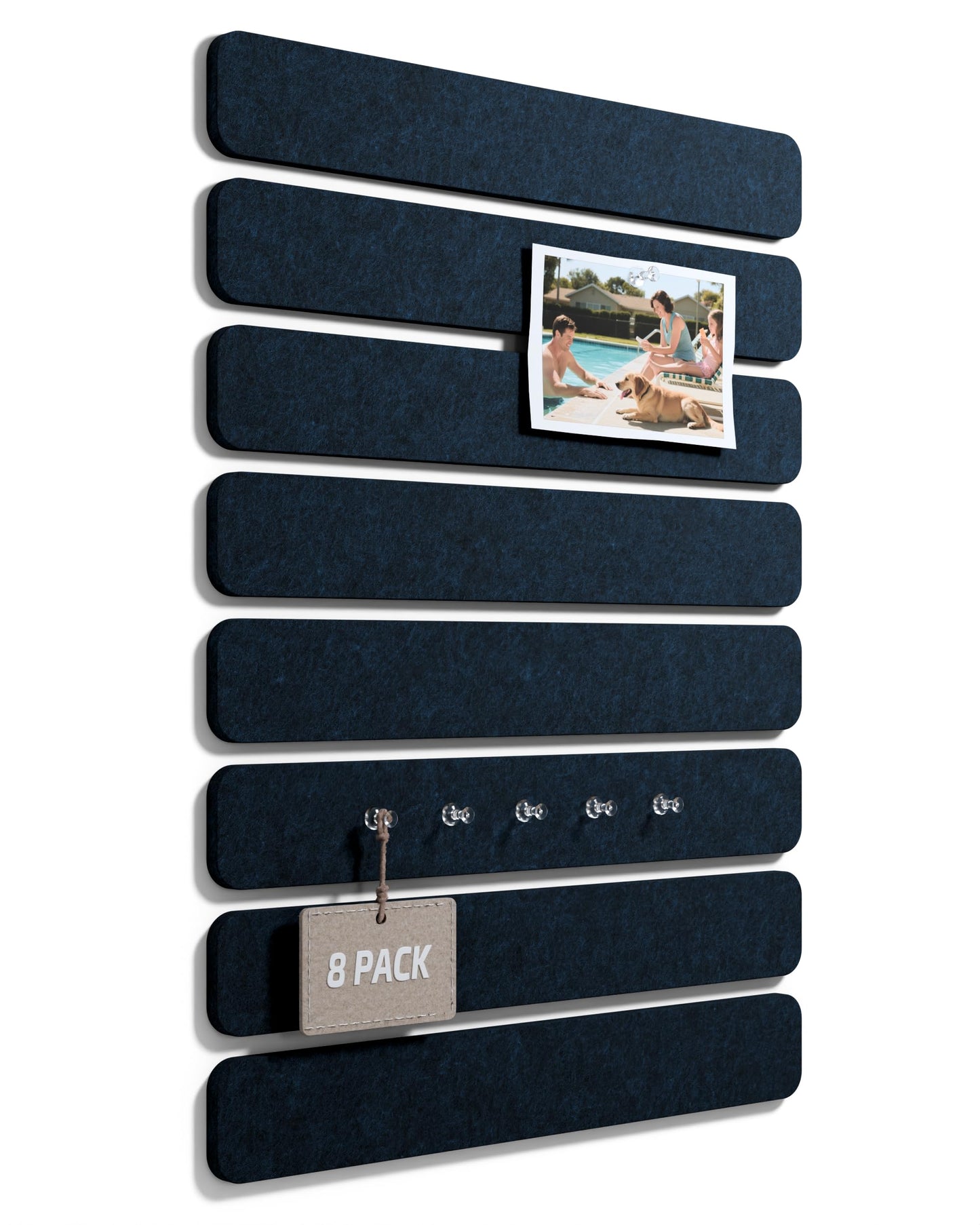 Fluxynara Cork Board Alternative Felt Strip Board 8-Pack 13"x2", Office Pin Board with 50 Push Pins, Adhesive Install for Bedroom Door & Home Office (Midnight Blue)