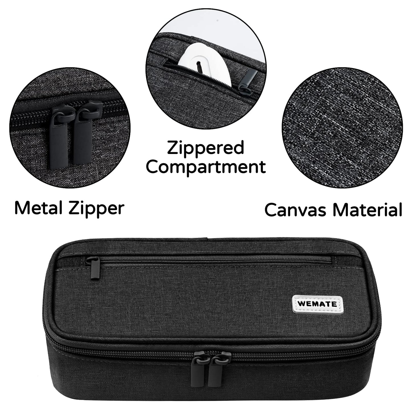 WEMATE Back to School Pencil Case - Large Pencil Pouch with Zipper Organizer for College, High School, Cute Waterproof Pencil Bag, Pencil Box for Teachers Black