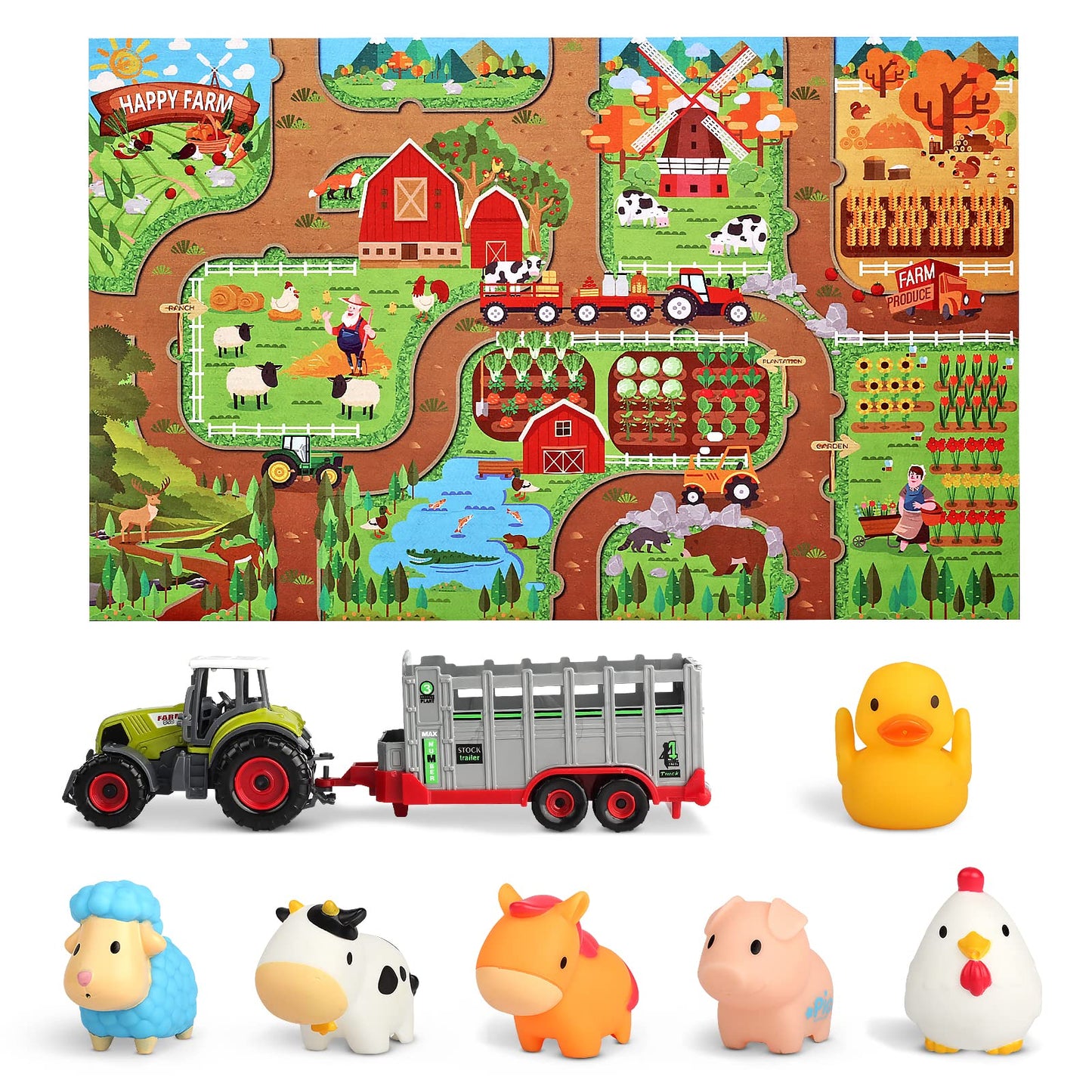Oriate Farm Tractor Carrier with Cartoon Farm Animals and Playmat, 6 Pack Bath Squirter Silicone Rubber Farm Animal Toys, 47.2” x 31.5” Happy Farm Play mat, Birthday Gifts for Kids