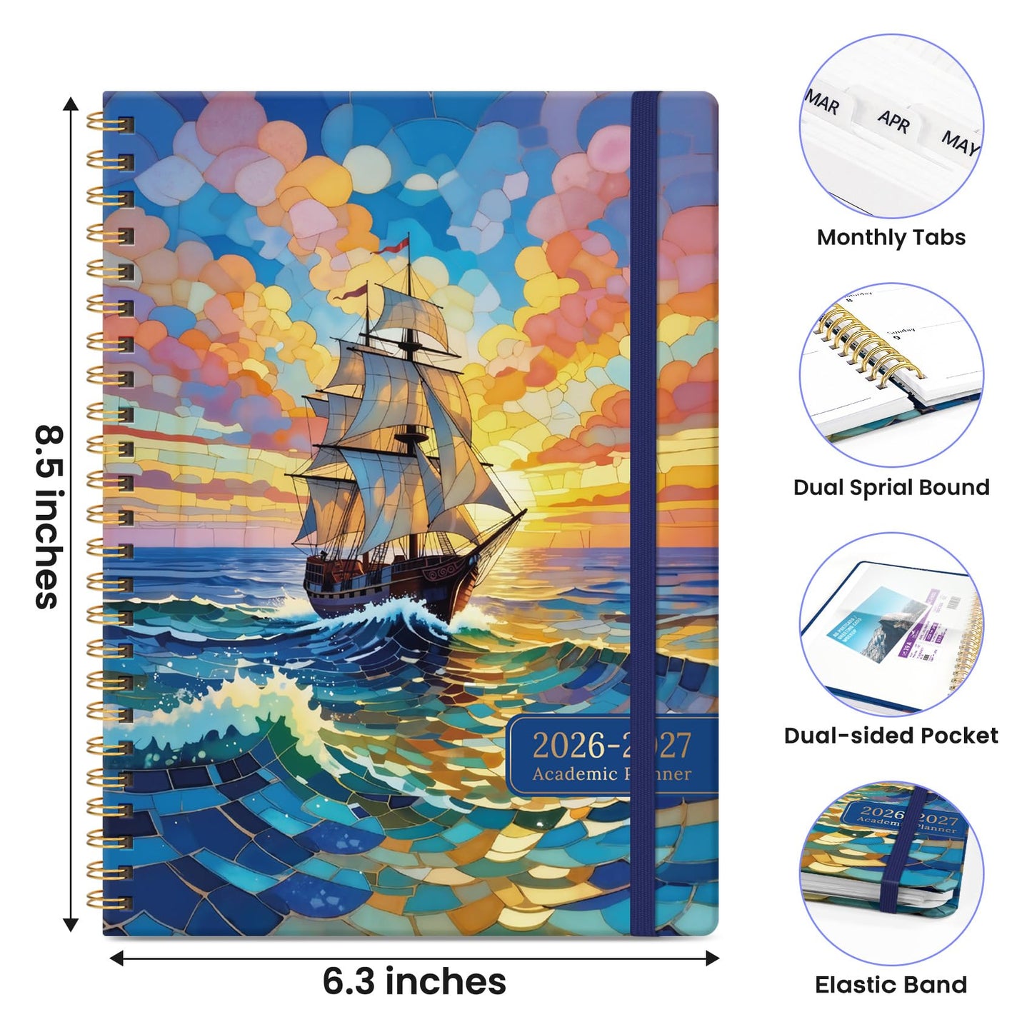 Academic Planner 2026-2027, Monthly and Weekly Calendar Planner, July 2026 - June 2027, Pretty Hardcover Teacher Student Planning Agenda Book with Tabs, Fit for School Office Supplies, 6.3" x 8.5", Stained Ship