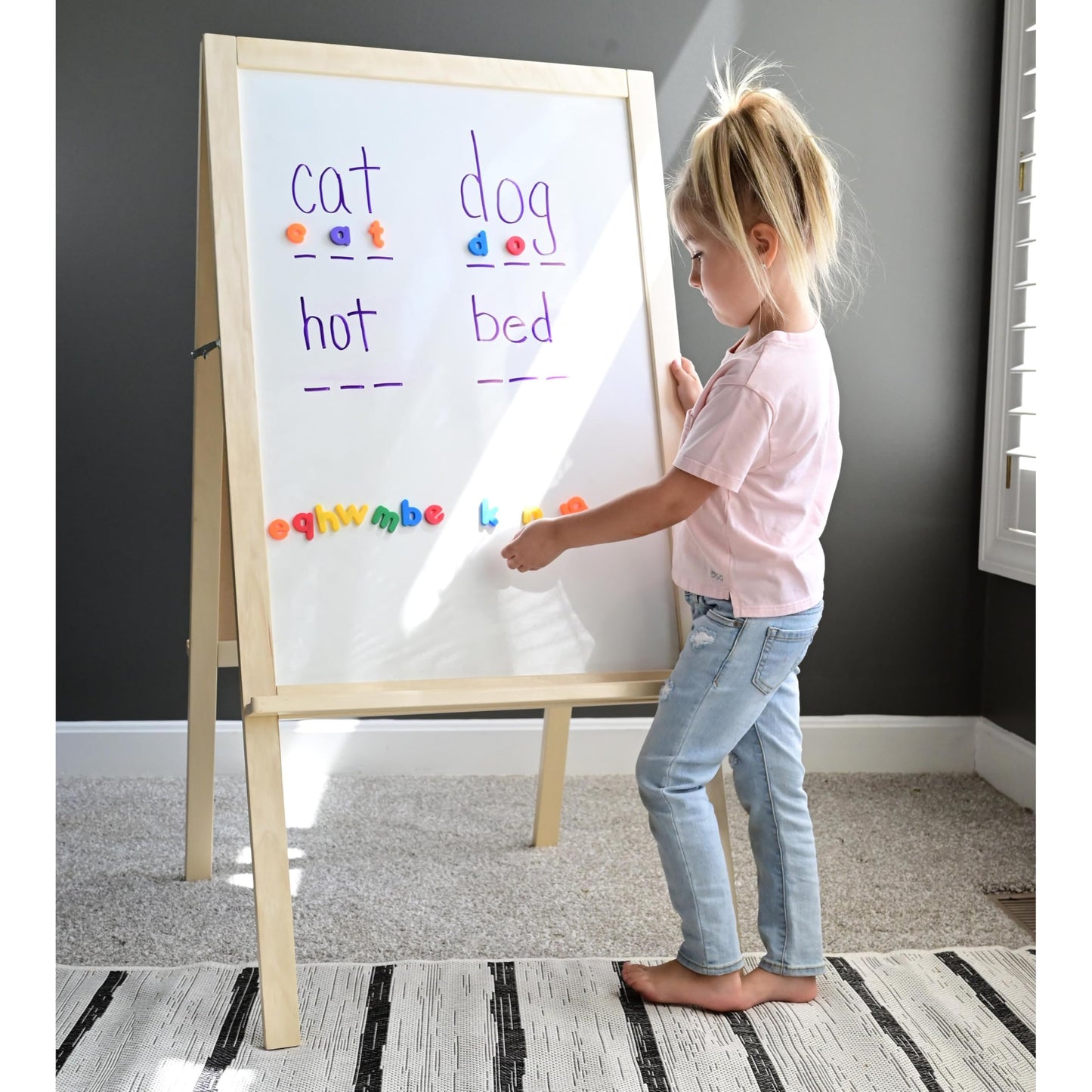 4-in-1 Wooden STEM Learning Easel – Magnetic, Write-and-Wipe & Flannel Board for Early Math, Geometry & Interactive Classroom Activities