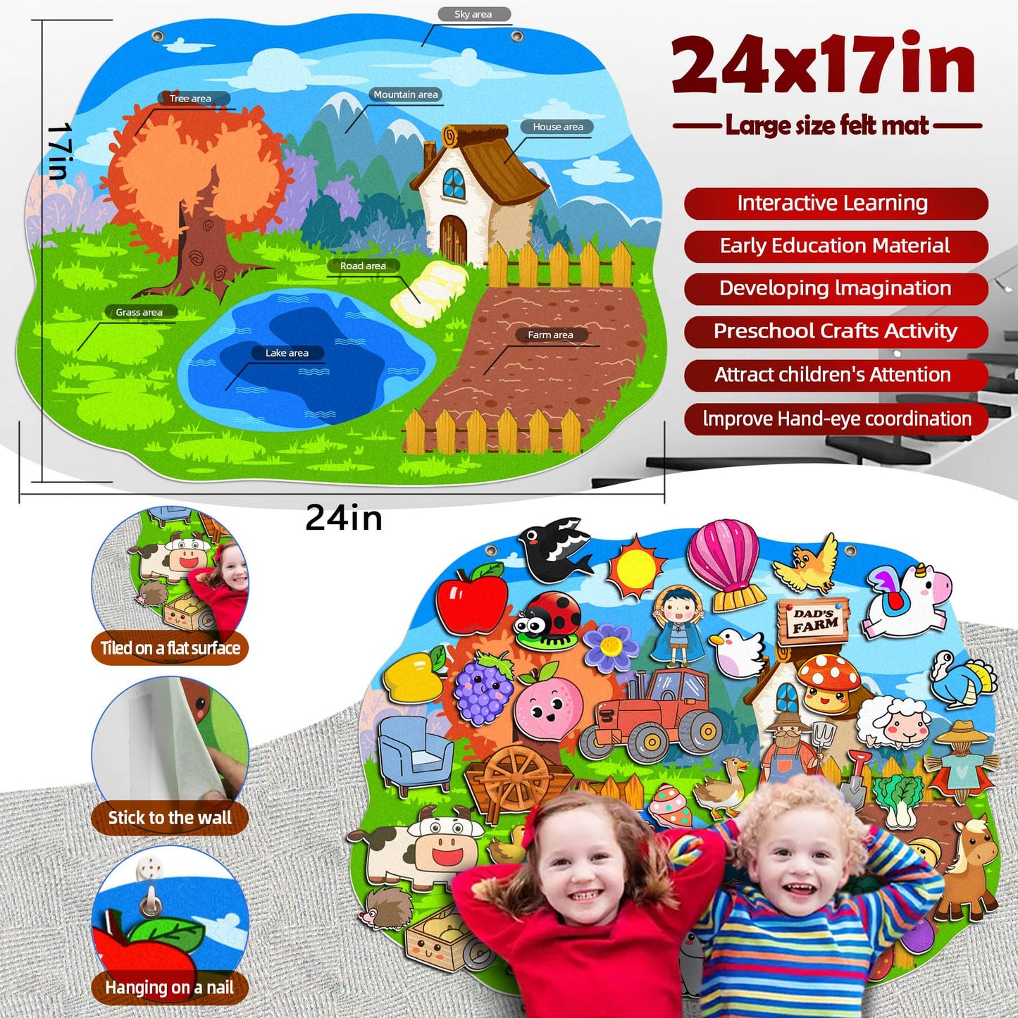 SKOLESK 77 Pcs Farm Animals Felt Story Board Set Preschool Farmhouse Themed Early Learning Storytelling Flannel Board Interactive Educational Play Kit Mat for Toddlers Kids