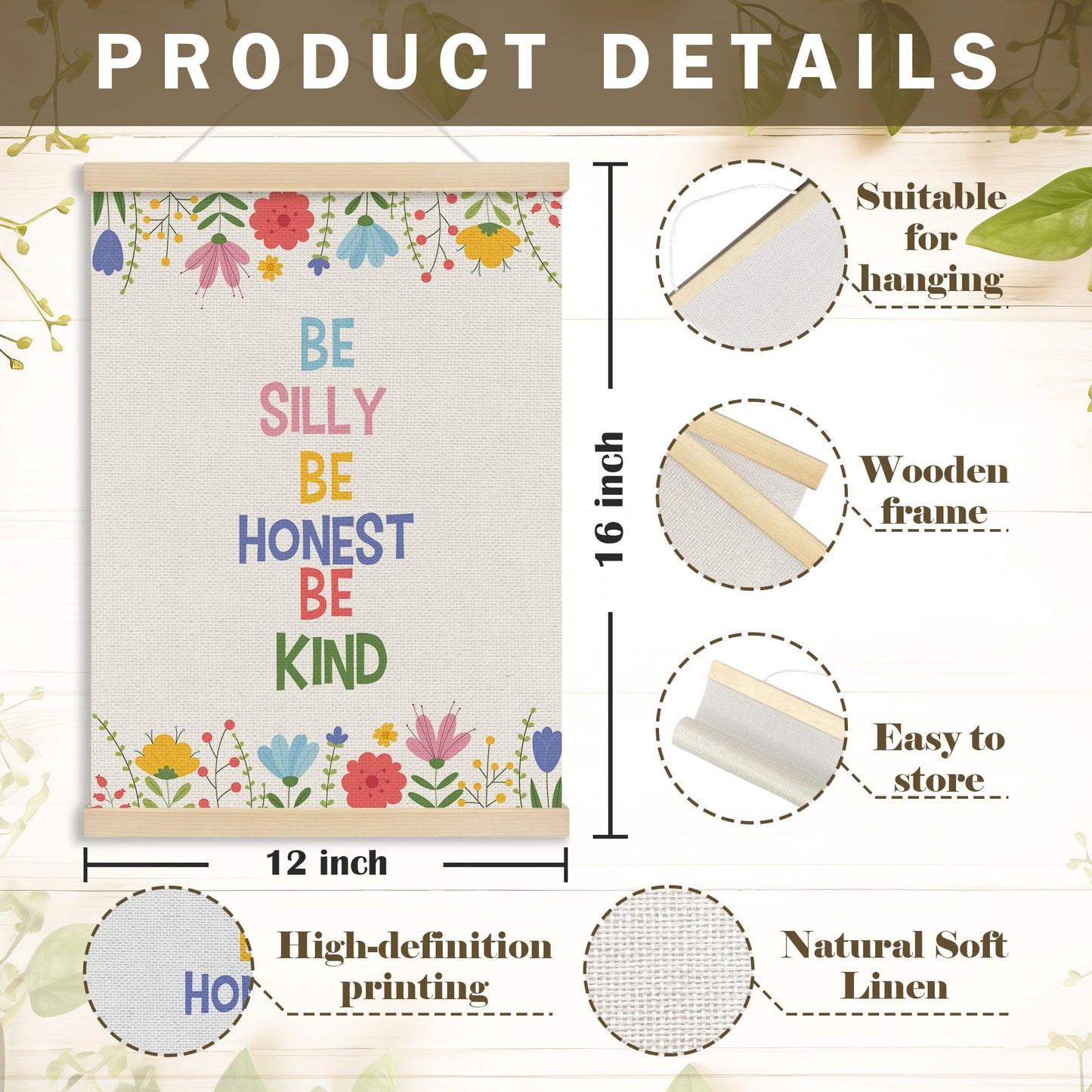 MOTERMATE Inspirational Girl Nursery Poster Hanger Frame, Kids Affirmations Floral Wall Hanging Decor Art Framed for Girls Room Bedroom, Be Silly Be Honest Kind Wall Poster Prints, 12x16 Inch