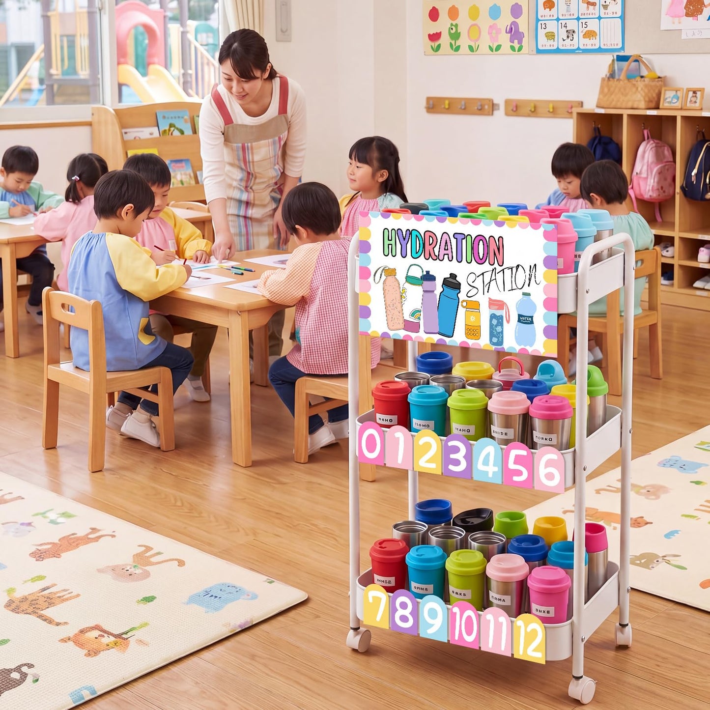 Sieral Hydration Station Classroom Storage Trolley 3-tier Plastic Rolling Water Bottles Storage Car with Handle Hydration Station Sign Stickers Set for Classroom Office Water Bottle Organizer Supplies