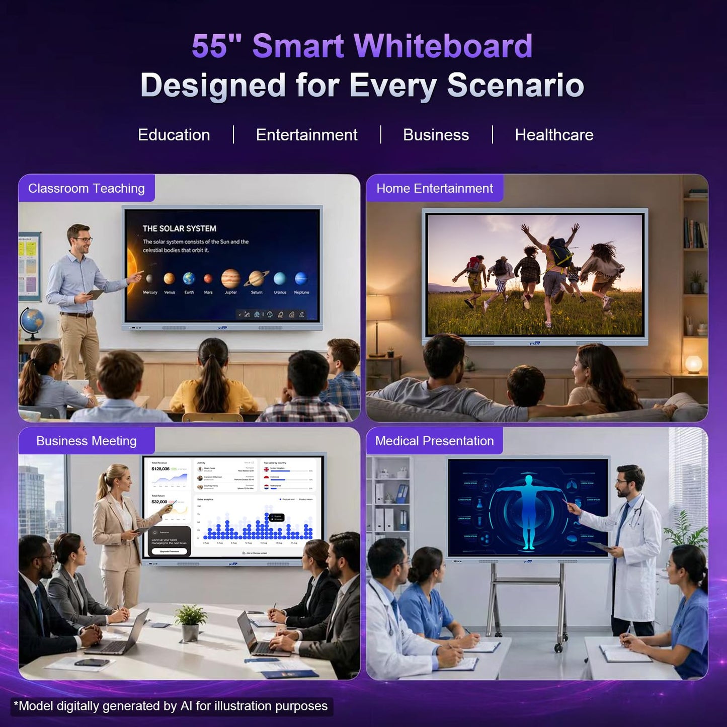 55" Smart Board, 8 + 256 GB Digital Interactive Whiteboard Display Built-in Windows10 & Android 11 Dual System with 4K Touchscreen, Electronic Smartboard for Classroom Office Home (Board Only)