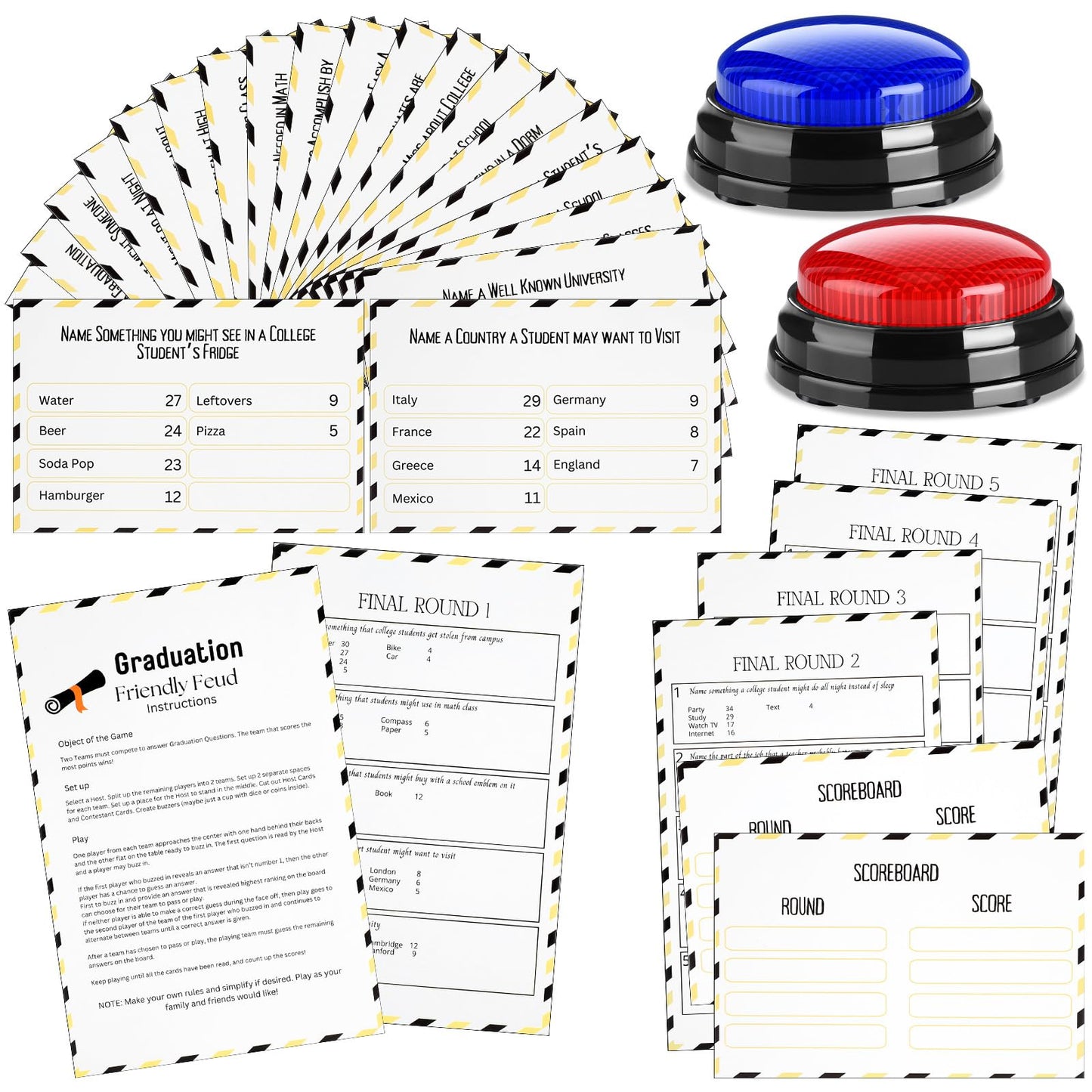 Humyoun Graduation Friendly Feud Game with 2 Answer Buzzers, Grad Feud Cards for Family Game Night Fun Trivia Quiz for Class Party Groups Clubs Team Building