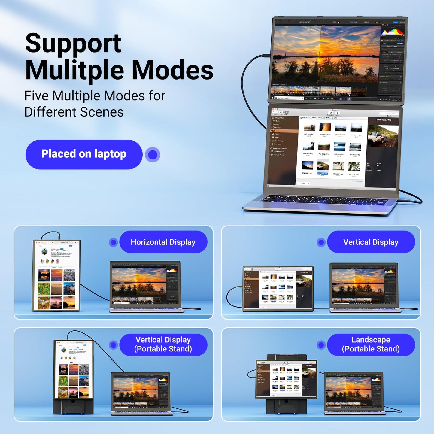 Ygretyrjh 16.1" Laptop Screen Extender, 1200P FHD Portable Monitor for Laptop, 360° Rotating, Plug & Play, Detachable Stand, Height Adjustable, Seamless Frame, Travel Monitor for Mac/OS/Win/Chrome/Dex