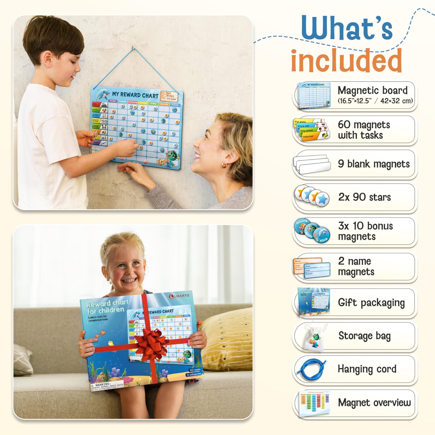 LIKARTO Magnetic Reward Chart for Kids with 280 Magnets - Behavior Chart for Kids at Home - Responsibility Reward Chart - Chore Chart - Visual Schedule - Ideal for Ages 3-9, Autism, ADHD - Blue