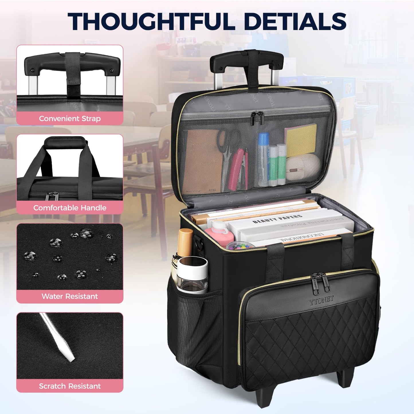 Ytonet Rolling Teacher Bag, X-Large Rolling Cart for Teachers with Detachable Dolly & File Tote Bag, 17.3 Inch Roller Briefcase for Women Office Work Craft Nurse, Teacher Essentials Supply Organizer