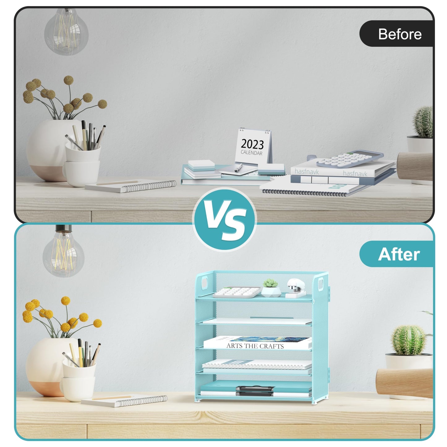 2 Pack 5-Tier Blue Desk Organizer with Handle Mesh Desk File/Paper Organizer Letter Tray for Office, School and Home Easy Installation