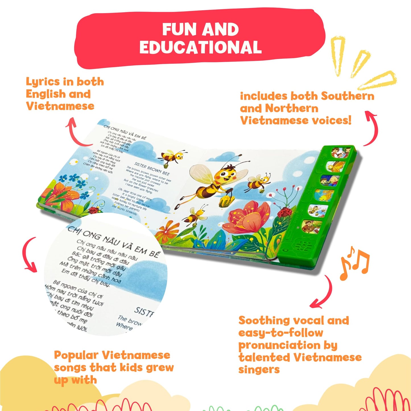 tinywrist AUDIOBOOKS - Bé Sings and Learns Vietnamese – Interactive Bilingual Music Book for Babies, Toddlers & Kids | Vietnamese-English Learning Toy | Northern & Southern Accents