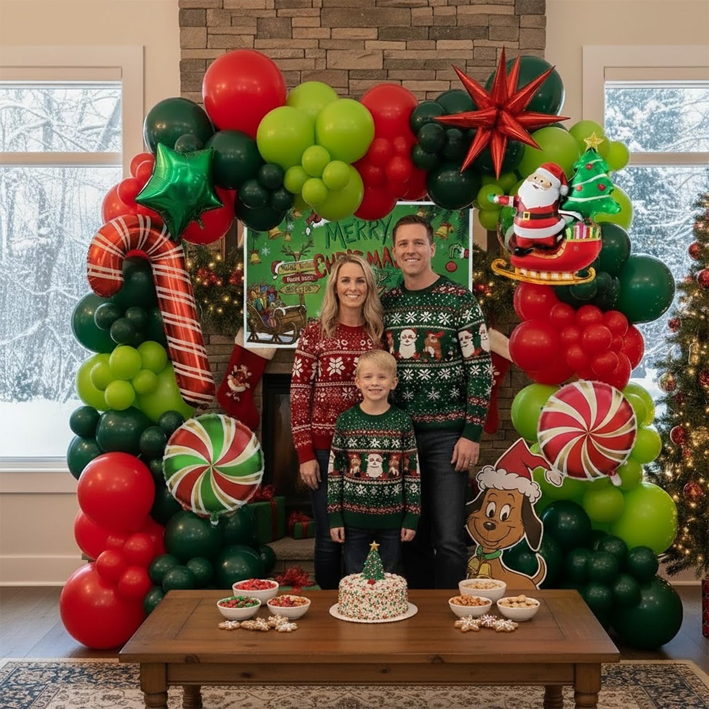 Christmas Balloon Garland Arch Kit with backdrop Xmas Red Green Balloons Candy Cane Santa Claus Star Foil Balloons for Christmas New Year Birthday Party Decorations (Red Green)