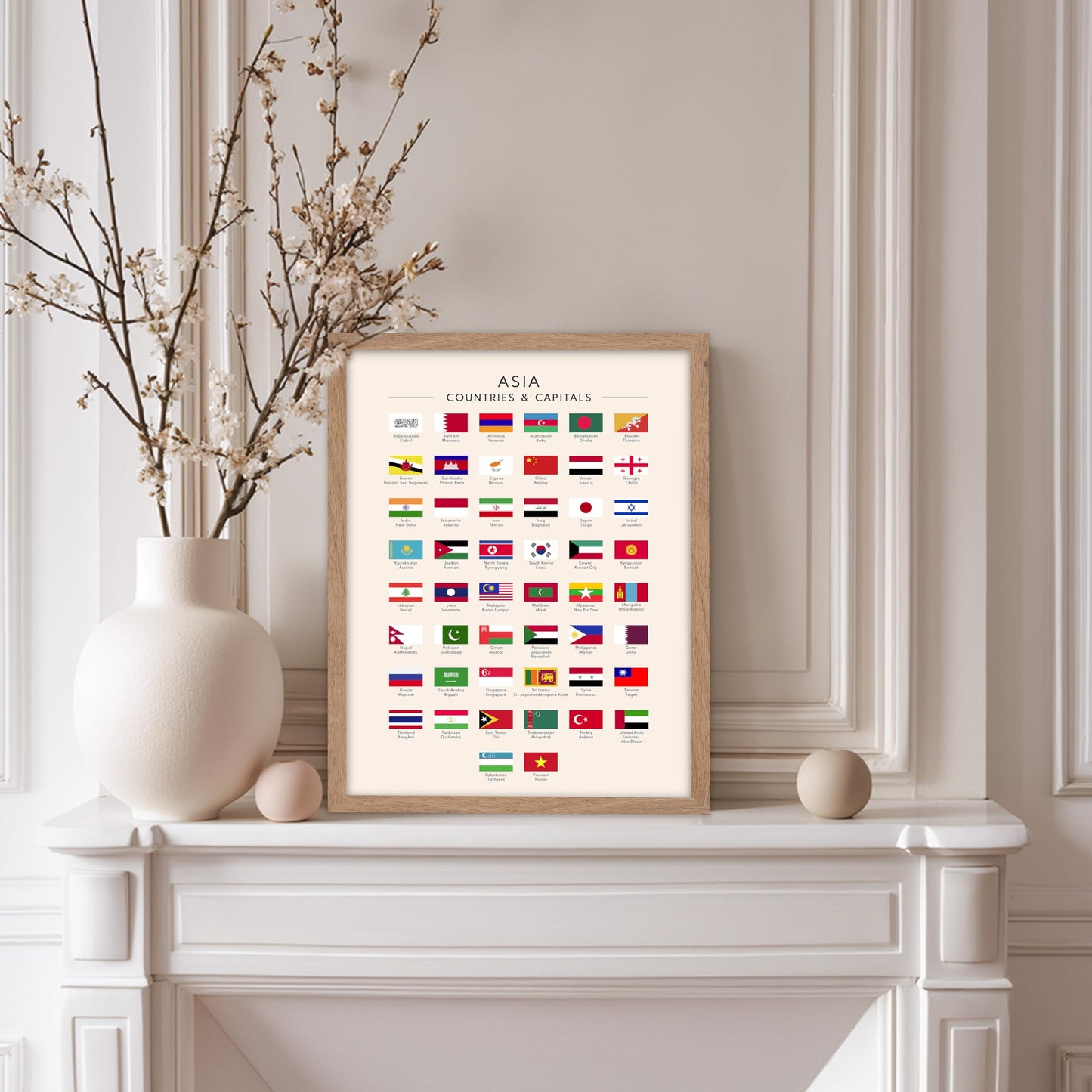 Poster Master Flags of Asia Poster - Asian Countries & Capitals Print - Learning Materials Art - Educational Art - Gift for Student & Teacher - Decor for Classroom or Library, 11x14 Beige Framed