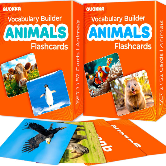 QUOKKA 104 Animal Flash Cards Set – Kids and Adults Vocabulary Builder for ABA Therapy, Early Childhood Education, ESL Teaching – Picture Cards for Speech Therapy and Vocabulary Building Activities