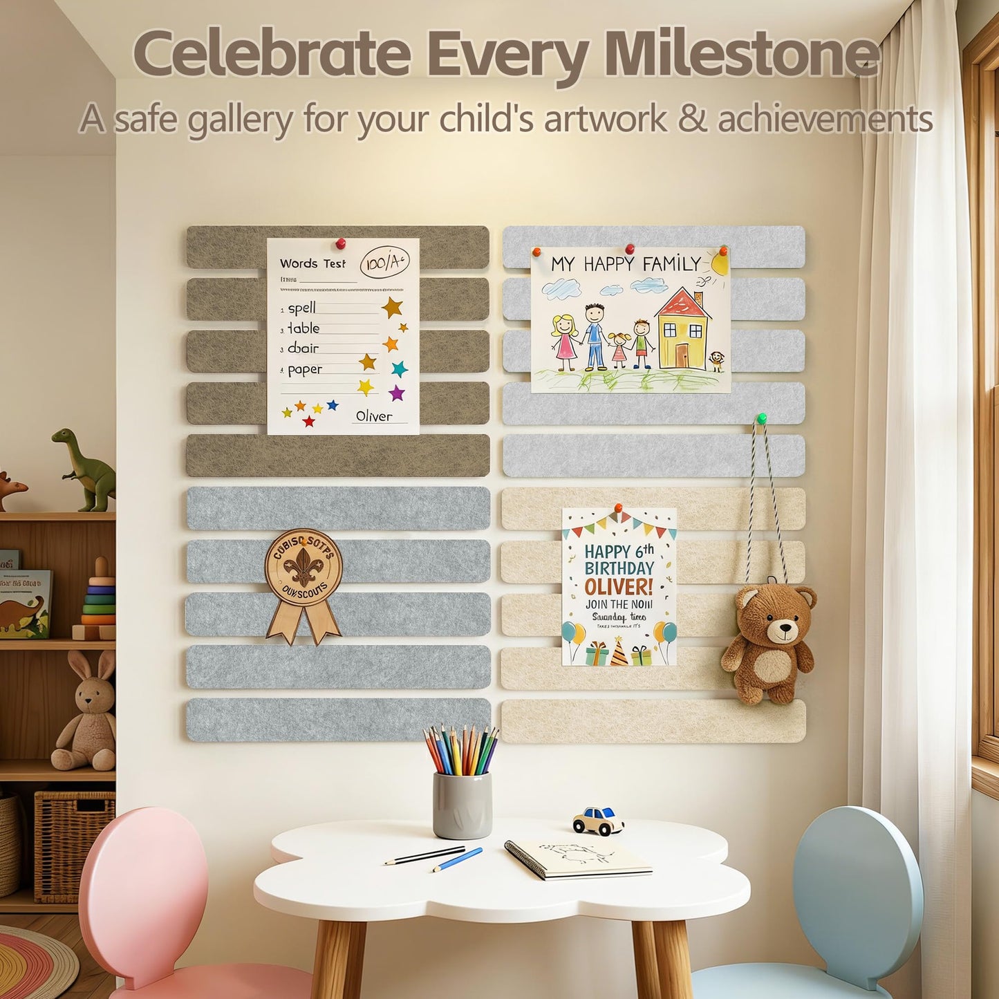 GoTiling Cork Board for Walls - 8 Pack Felt Pin Board Bar Strips - Self-Adhesive Lightweight Bulletin Board - Cork Board for Office with 40 Push Pins No Damage for Wall
