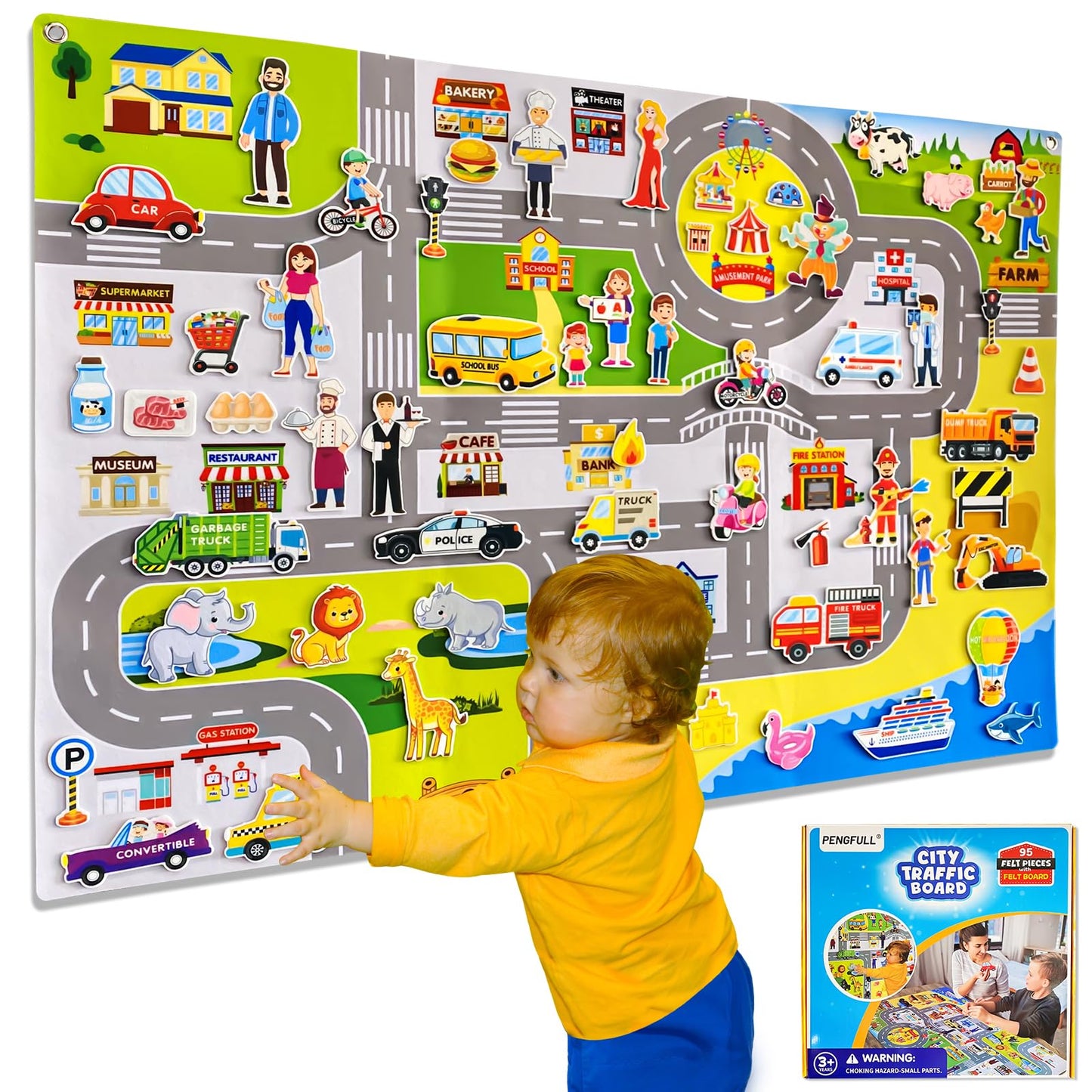 Transportation Felt Story Board Set ,40*28in Flannel Board for Wall ,95 Felt Pieces,Preschool Storytelling ,Vehicles,Career Image Dress-Up,Zoo Learning Interactive,for 3 years +,Gift for Toddlers