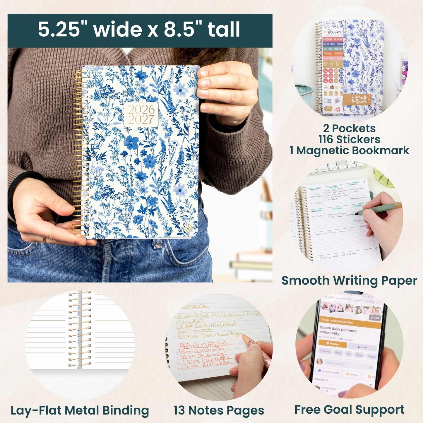 bloom daily planners 2026-2027 Planner - Academic Year (July 2026 - July 2027) Monthly & Weekly Soft Cover Planner for Women - 13 Month Inspirational Agenda Book with Stickers - 5.5" x 8.25" - Blue & White Floral