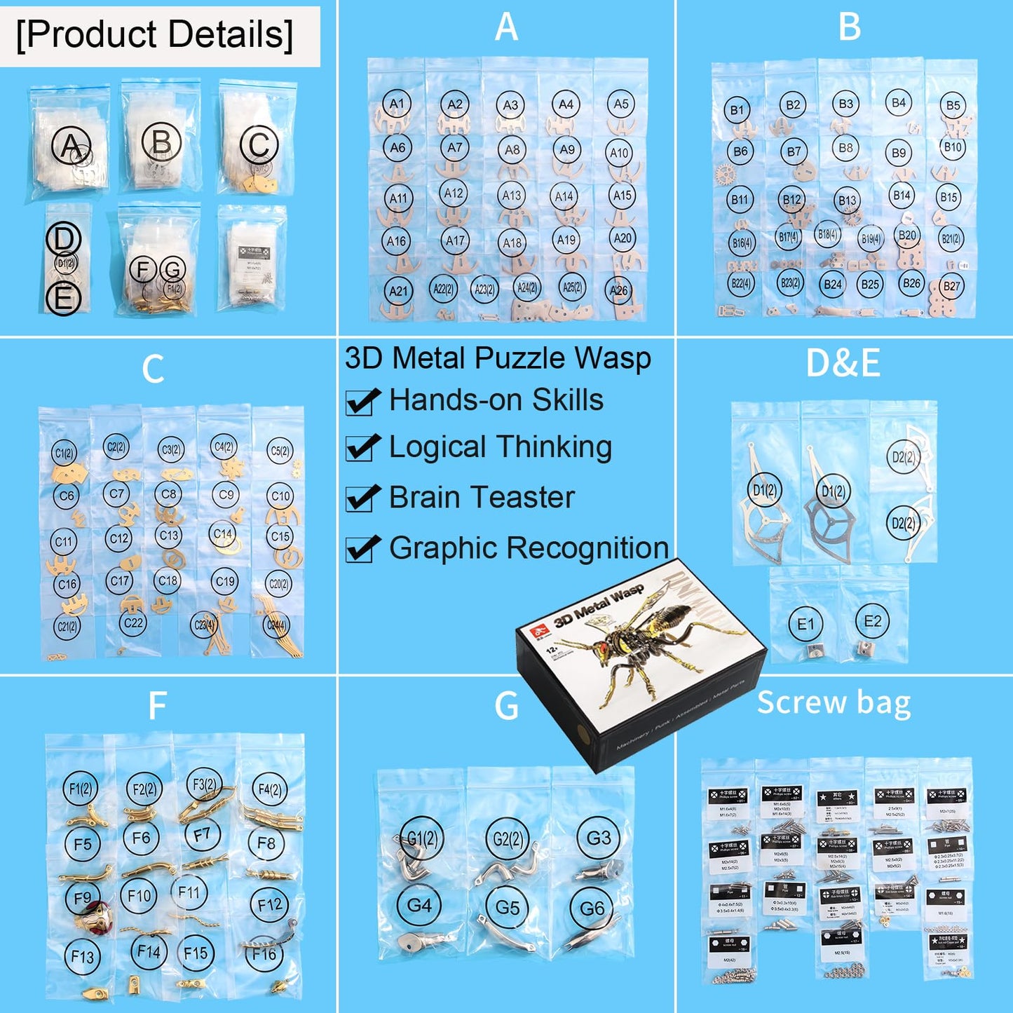 3D Metal Wasp Puzzles for Adults, Model Kits Mechanical Building Blocks, Difficult DIY for Assembly Gifts for Men Gold