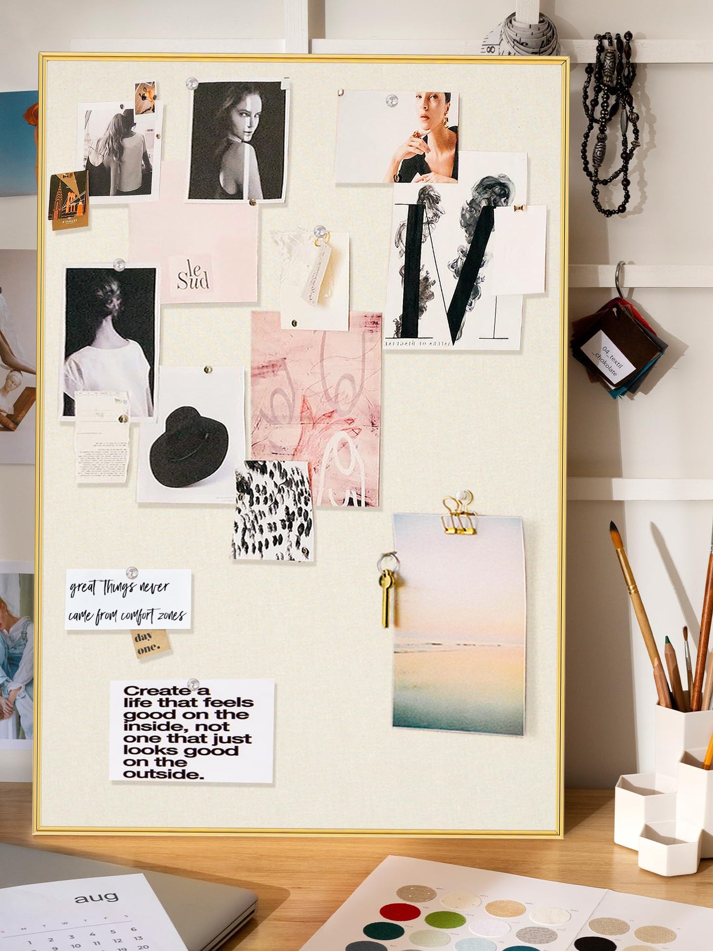 Lightomorrow Bulletin Board 24 x 18 inches, Oatmeal White Pin Board, Golden Aluminum Framed Fabric Cork Board with 10 Push Pins