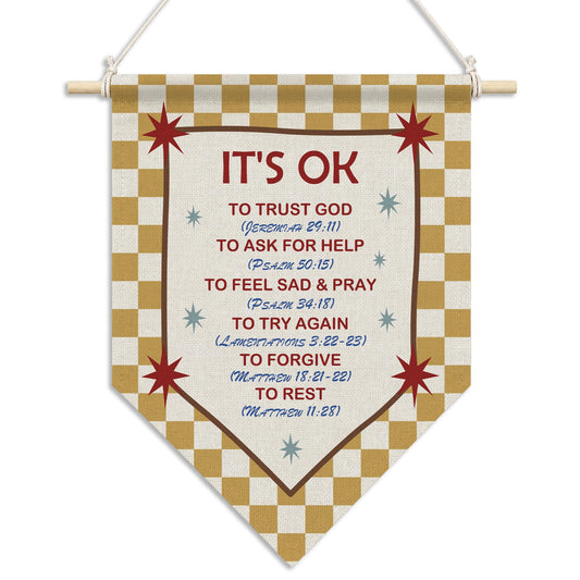 RUKUPA Christian Inspirational Wall Art Decor, Bible Verse Hanging Pennant Flag, Yellow Checkered Motivational Religious Wall Art Poster Hanger for Home Bedroom Kids Nursery Room Decor, 11x15 Inch