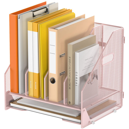 OrgMate Desk File Folder Holder Organizer-4 Vertical Compartments Racks and Paper Letter Tray,Mesh Magazine File Holder Sorter,Desktop Accessories & Workspace Organizers for Home,Office,School-Pink