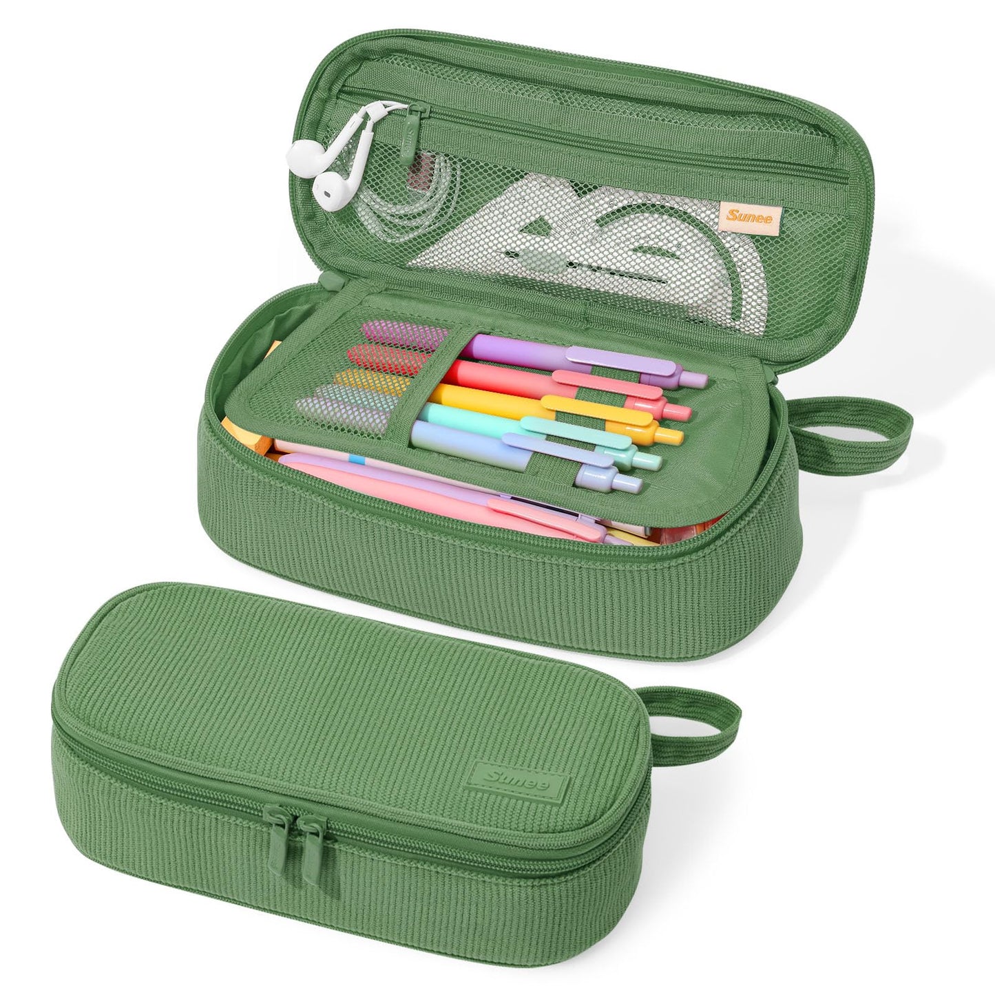 SUNEE Cute Pencil Case, Large Capacity Pencil Pouch, Soft Corduroy Pencil Bag, Big Storage Pen Organizer for Stationery, Aesthetic Zipper Pencil Box, Back to School Supplies for Teen Girls Boys, Green