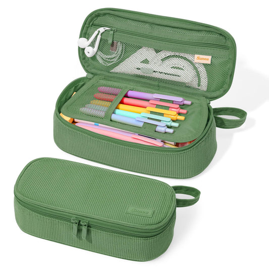 SUNEE Cute Pencil Case, Large Capacity Pencil Pouch, Soft Corduroy Pencil Bag, Big Storage Pen Organizer for Stationery, Aesthetic Zipper Pencil Box, Back to School Supplies for Teen Girls Boys, Green