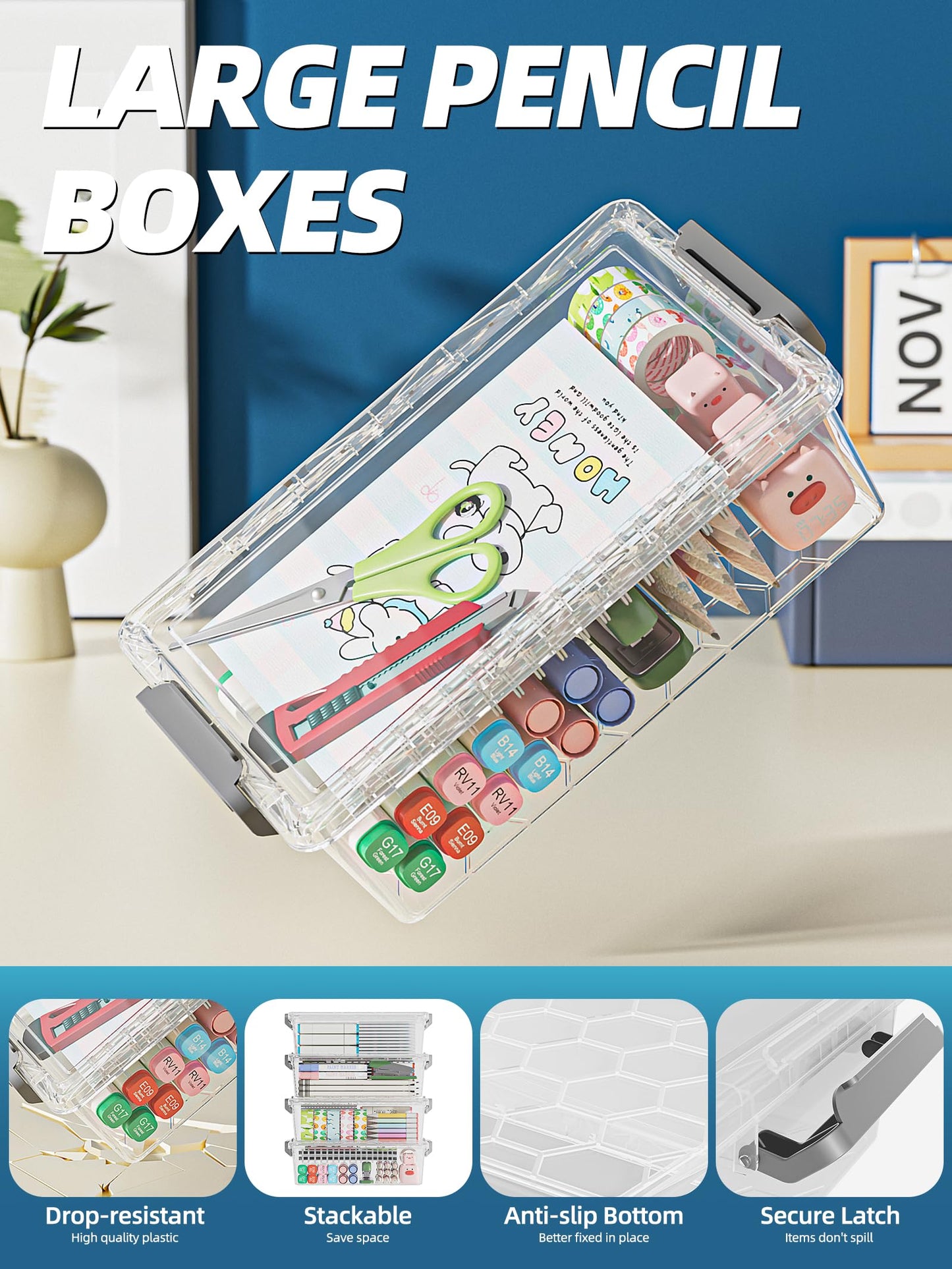 BiuLeon 4 Pack Extra Large Pencil Box, Plastic Pencil Case Organizer, Clear Crayon Box Marker Organizer, Stackable Craft Organizers and Storage for Pen, Craft, Art Supply(Grey)