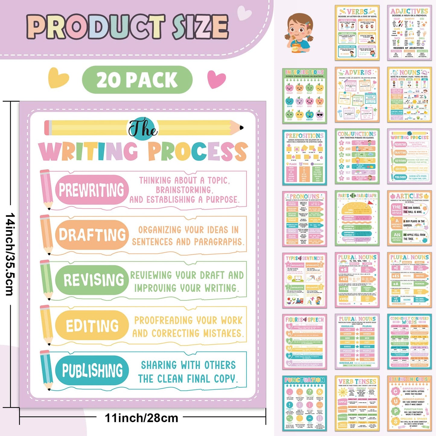 Humyoun 20 Pcs Parts of Speech Poster for Elementary Classroom Grammar Poster Educational English Class Must Have for Elementary Middle School Classroom Decor, 14x11 Inch(Pastel,Smart)