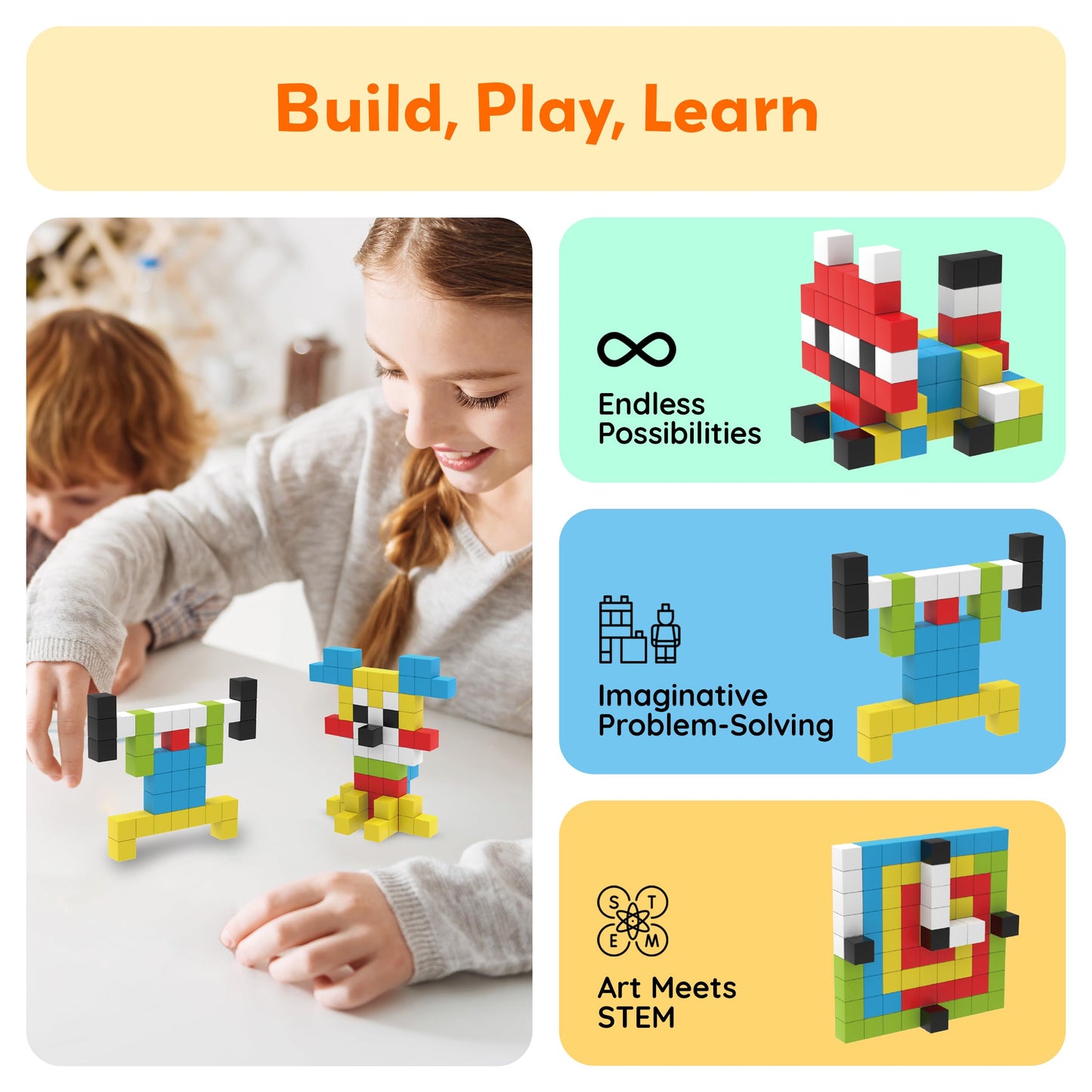 PicassoTiles 100pcs 0.5” Pixel Magnetic Puzzle Cube Mix & Match Cubes Sensory Toys STEAM Education Learning Building Block Magnets Children Construction Toy Set Stacking Magnet Creative Kit PMC100