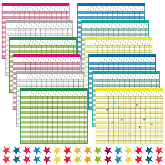 Gilprop 12 Pieces Classroom Charts Laminated Dry Erase Incentive Chart with 1080 Reward Star Stickers for Chore Responsibility, School Attendance, Homework Progress Tracking Chart, 6 Assorted Color
