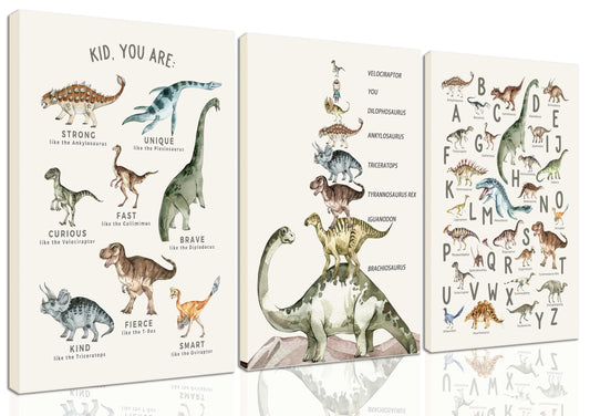 3Pcs Kids Dinosaur Species Canvas Wall Art Dinosaur Alphabet Painting Boys Room Wall Decor Tyrannosaurus Encyclopedia Educational Posters Prints Teen Cool Pictures for Home Classroom Nursery Framed
