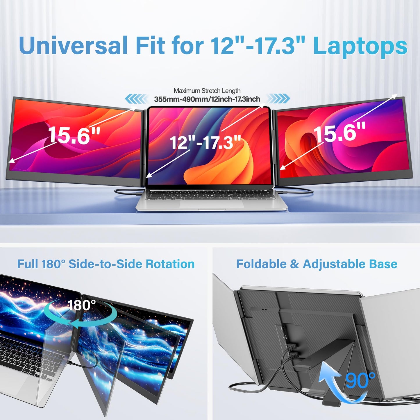 Screnex 15.6" Laptop Screen Extender New Upgraded Ultra-Thin & Light, Triple Portable Monitor 1080P FHD IPS, USB-C/HDMI Plug & Play for 13-17.3" Laptop, Travel Monitor Extender for Windows/Mac/Chrome