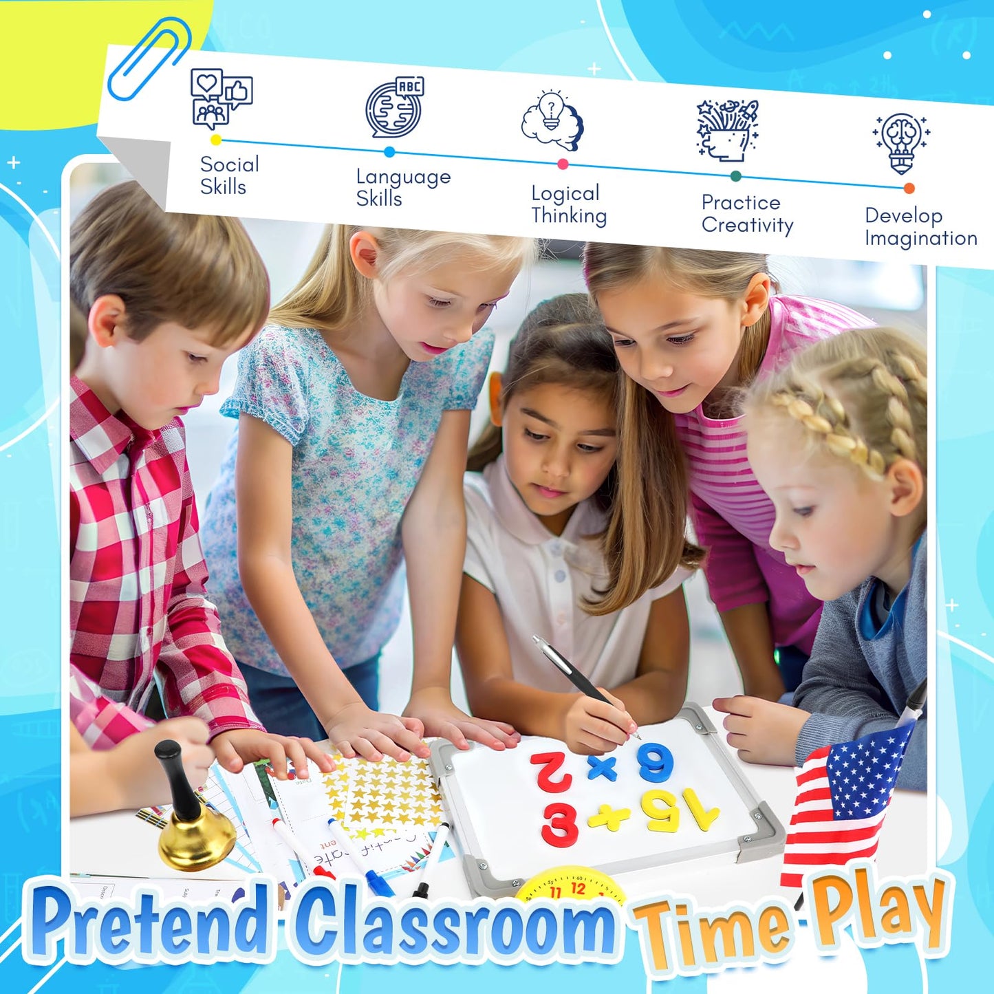 Loscola Pretend Play School Set for Kids Girls 4-12, Kids Teacher Play Sets for Girls, Teacher Supplies Toys with Teacher Bag, Whiteboard, Educational Posters, Magnetic Numbers and More, Ideal Gift