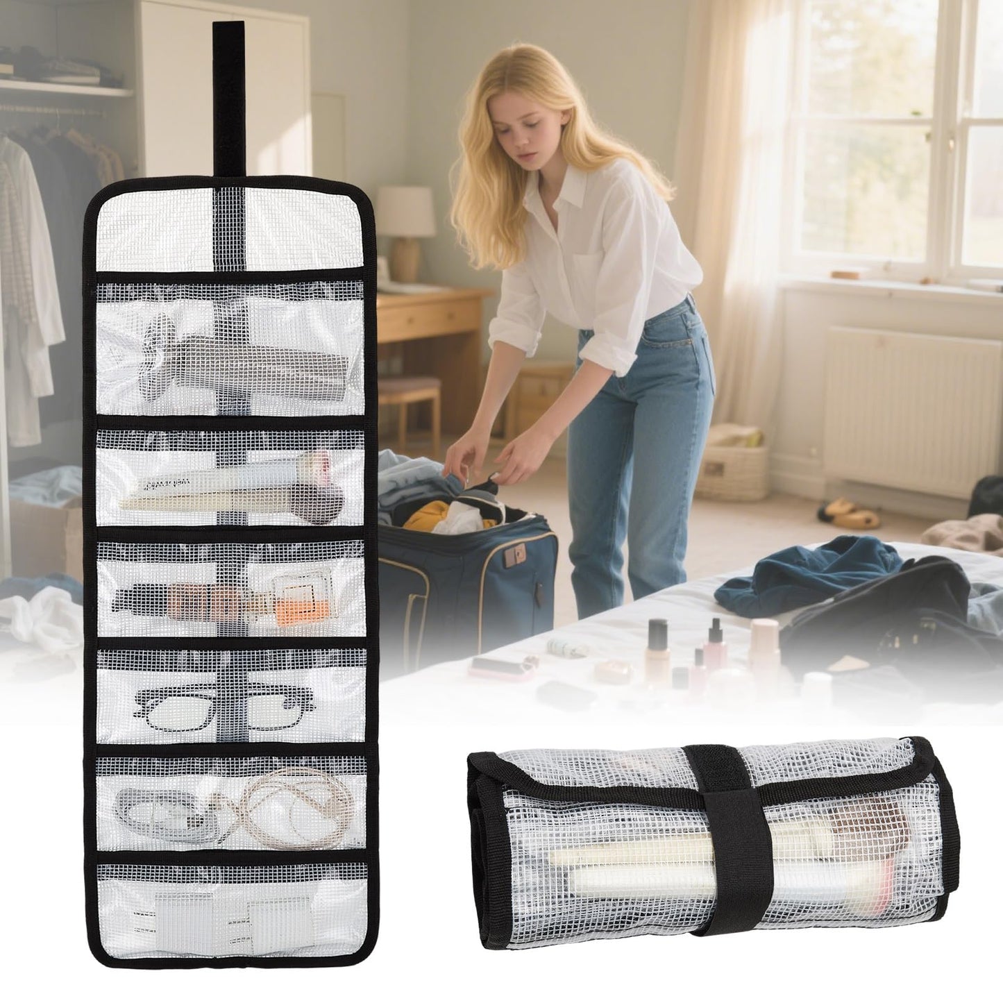 Small Roll Up Storage Bag, 6 Pockets Roll Up Tool Kit, Suitable for Mechanics, Kitchen Storage, Art Sketching, Travelling, Potter's Tools, Office Objects, Transparent and Visible, Space-Saving 2 Pack