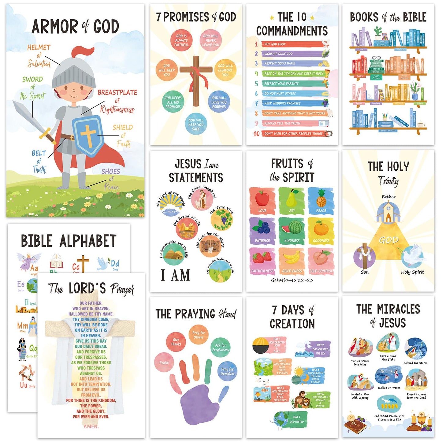 SEOIFUNG 12 PCS Kids Bible Education Posters Set (11x17") - Biblical Learning Charts for Sunday School Classroom Christian Religious Home Wall Decor, Books of the Bible, 10 Commandments & More