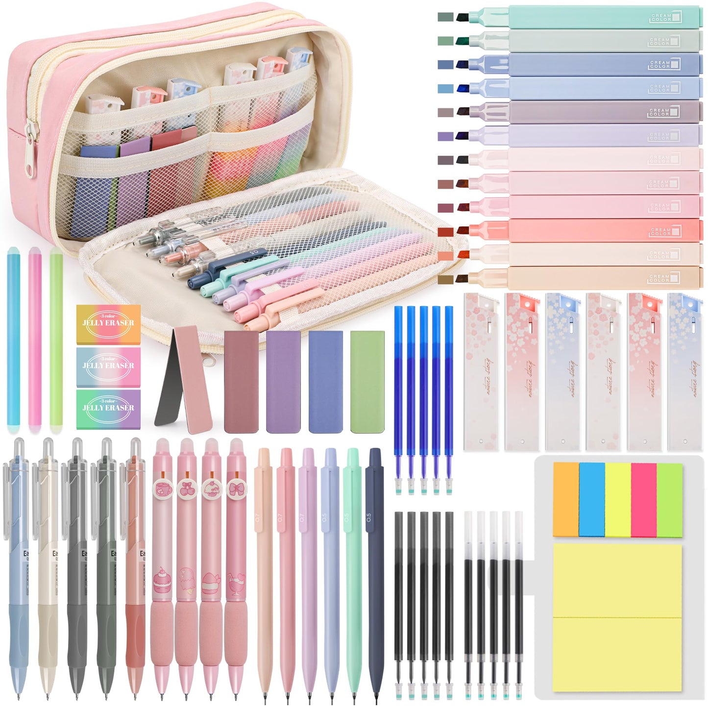 DazSpirit 61 PCS Aesthetic School Supplies with Cute Pencil Case, Pastel No Bleed Highlighters, Gel & Erasable Pens, Mechanical Pencils, Refills, Complete Essentials Stationery Kit for Students (Pink)