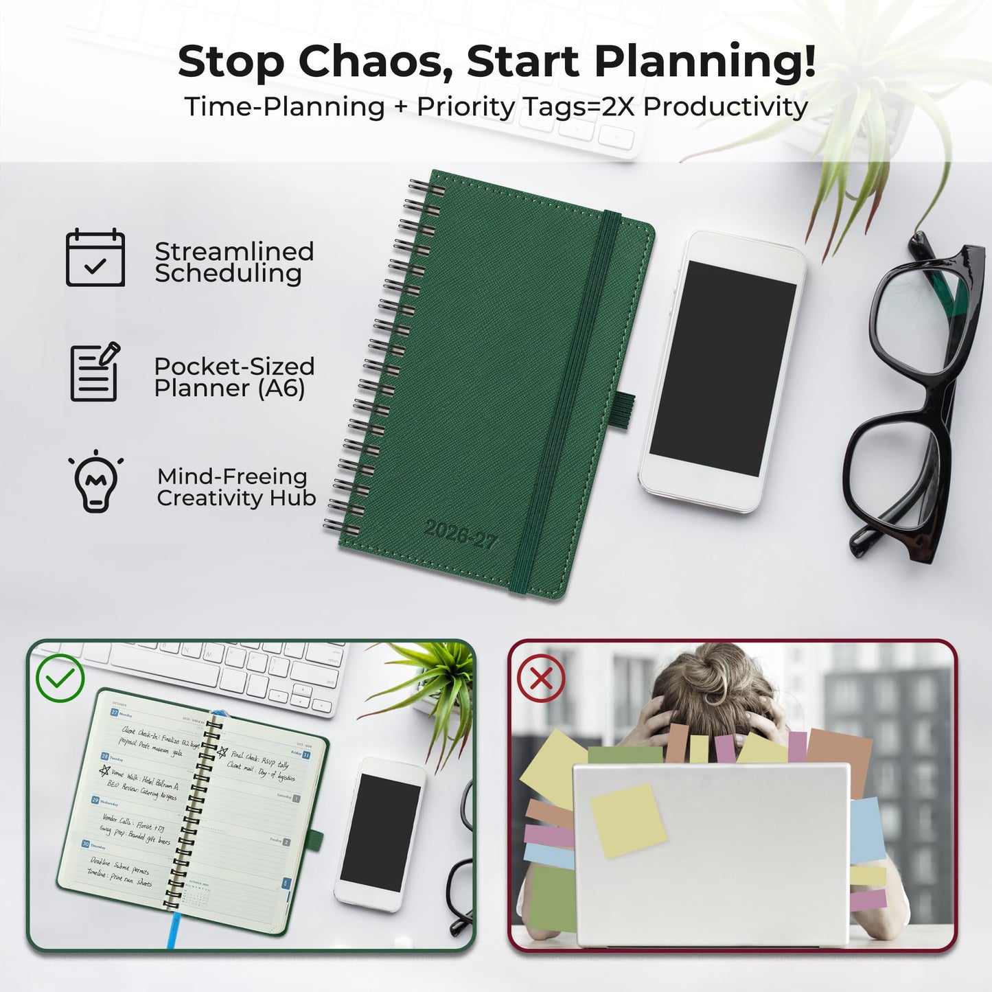 IN-LUXPRO Planner 2026-2027 Daily Weekly and Monthly,6.5"x3.75",18 Months Spiral Bound Calendar Agenda with Self-adhesive Pen Holder,2026 Academic Plan with Vegan Leather Soft Cover,Green