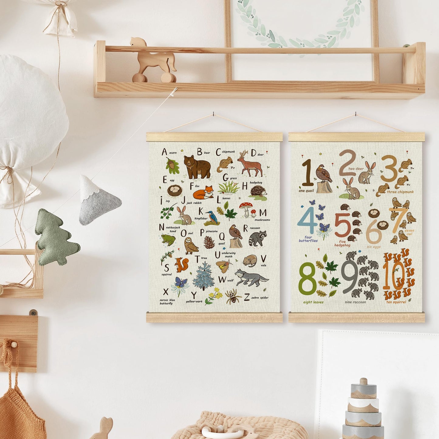 BCUANGD Alphabet Educational Wall Decor - Neutral Woodland Animals Poster Hanger with Wood Frames Set of 2, Kids ABC Numbers Wall Hanging Canvas Decor for Home Playroom Kids Room, 12x16 Inches