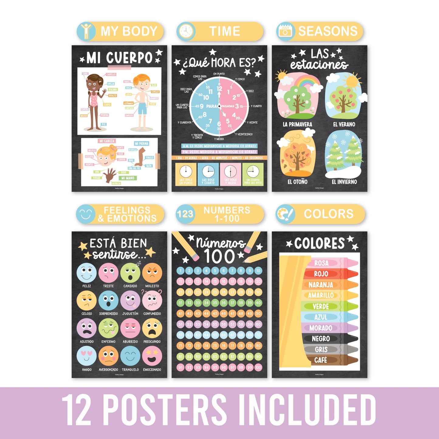 Hadley Designs Spanish Posters for Classroom -12 Bilingual Educational Posters for Spanish Classroom Decorations Must Haves, Calendario y Alfabeto en Español Para la Pared, Chalkboard Teacher Supplies