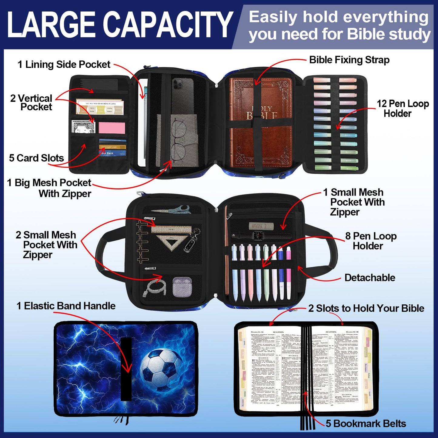 IBOVODI Soccer Large Bible Cover Case for Men Boys, Kids Bible Study Supplies Journaling Kit Book Carrying Case Bible Accessories with Pens Highlighters Cross Clips, Christian Gifts for Men