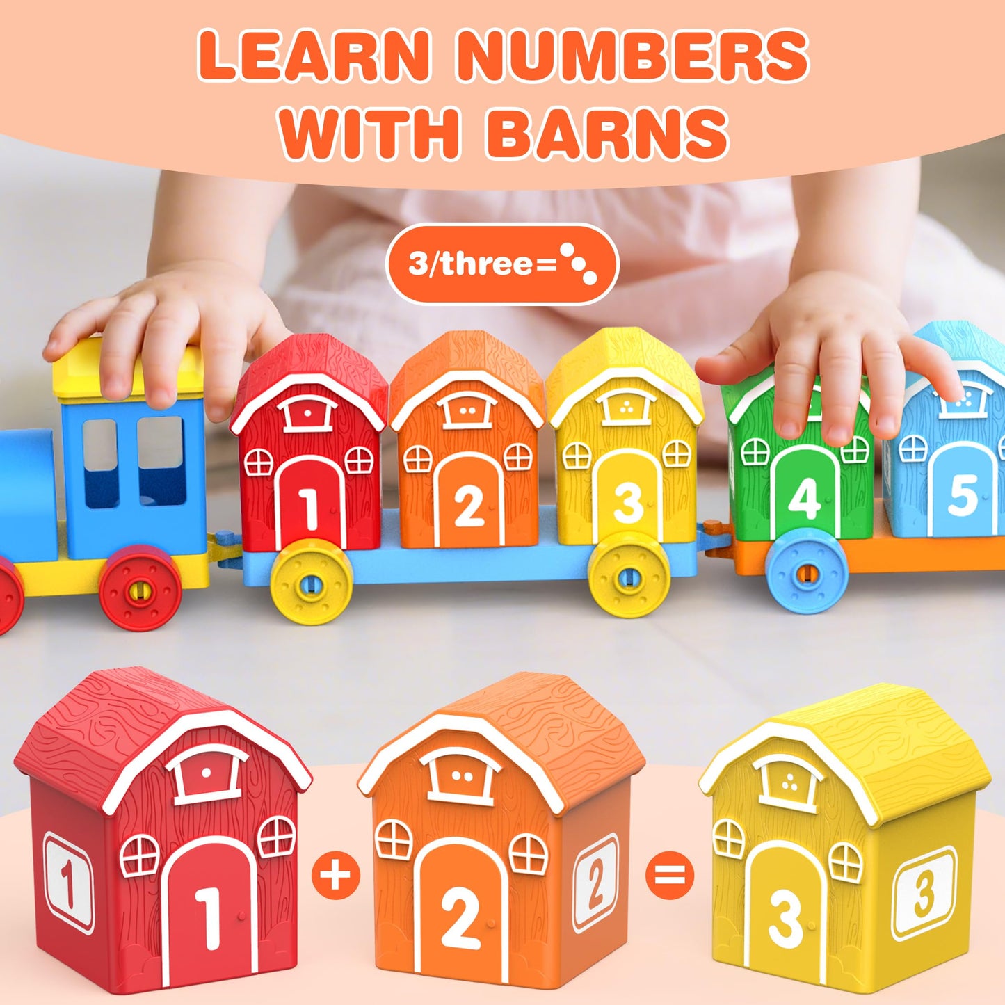 GooMags Montessori Toys for Toddlers, Farm Animal Train Set with Counting Matching Sorting Activities 9 Barns, 10 Finger Puppets, 2 Stickers-Learning Toys for Baby Boys Girls, Preschool Gift